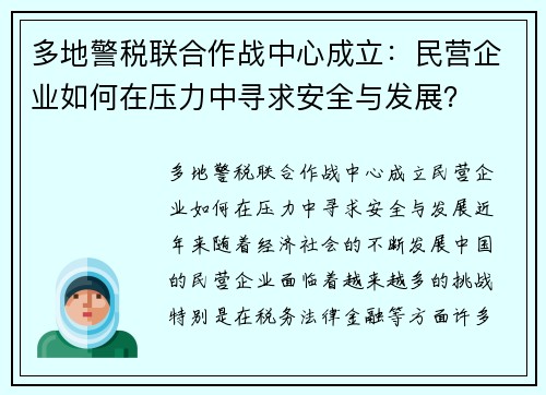 多地警税联合作战中心成立：民营企业如何在压力中寻求安全与发展？